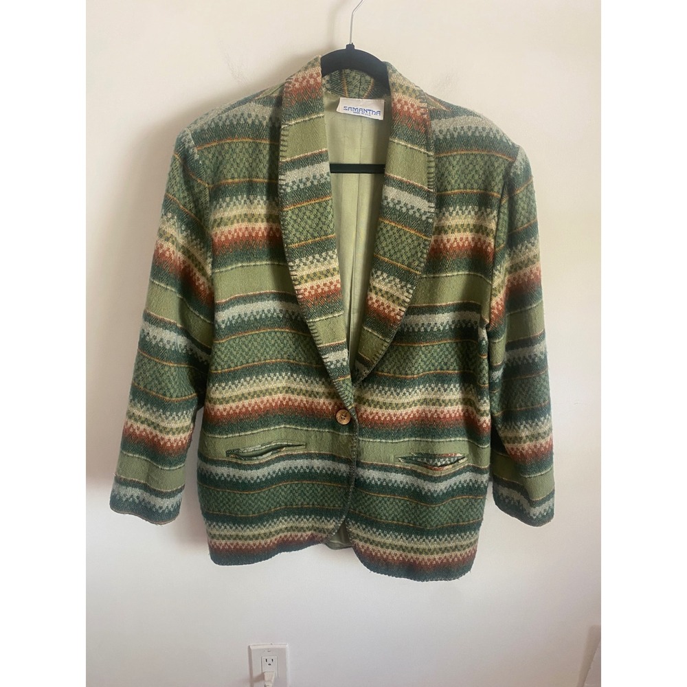 Samantha Vintage Southwestern Stripe Blazer Jacket Green Rust Large‎ Made in USA